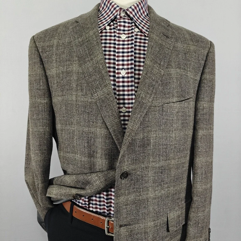 JOS A BANK‎ Reserve Men's Sport Coat  Brown Plaid Wool Silk Linen E.THOMAS 46R